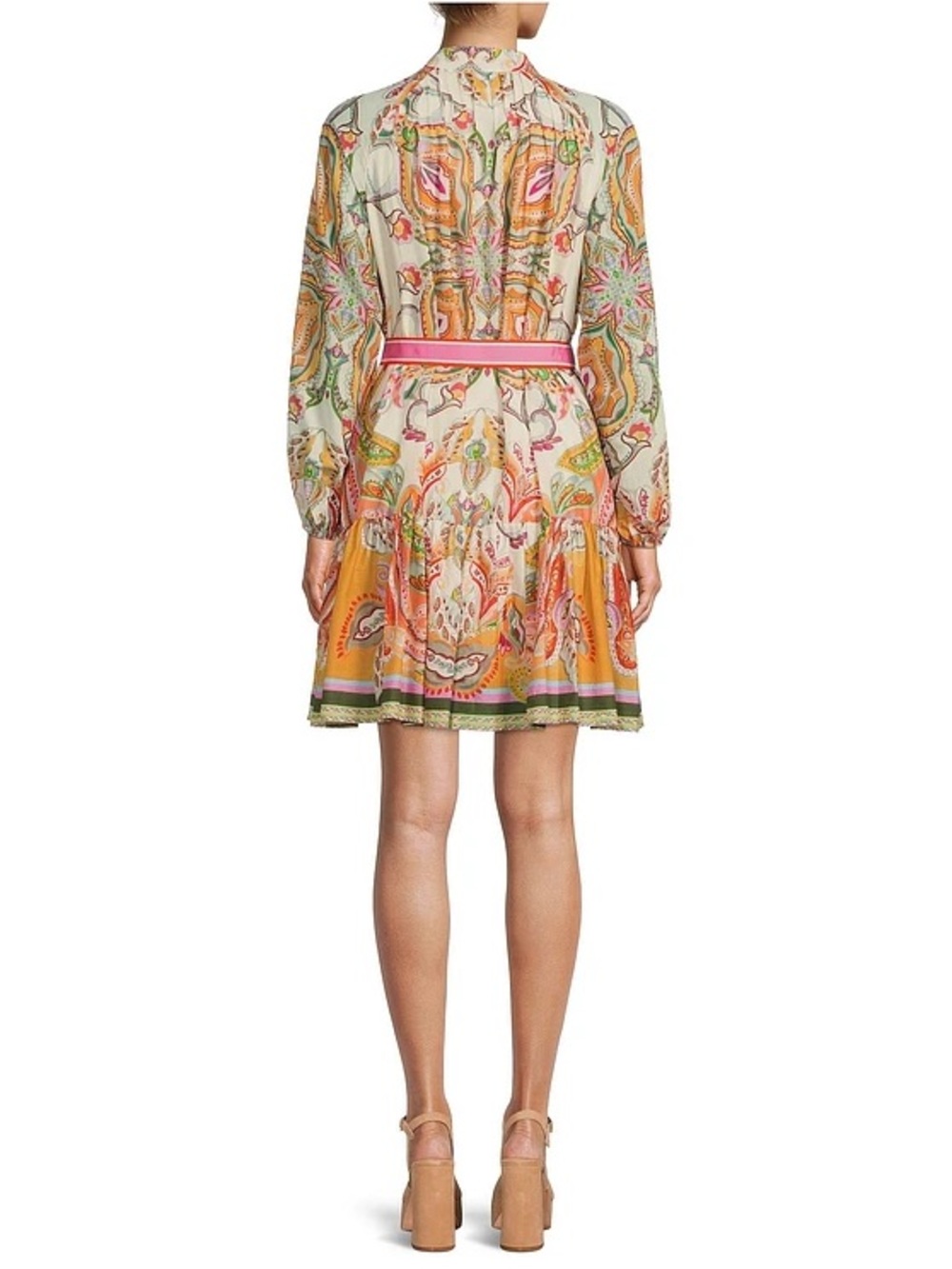 Floral Paisley Print Mini Dress with Pink Tie Belt - Picture 2 of 5